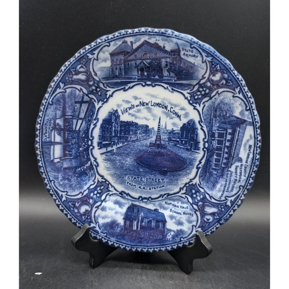 Antique Flow Blue Views of New London Conn Souvenir Plate England Transferware